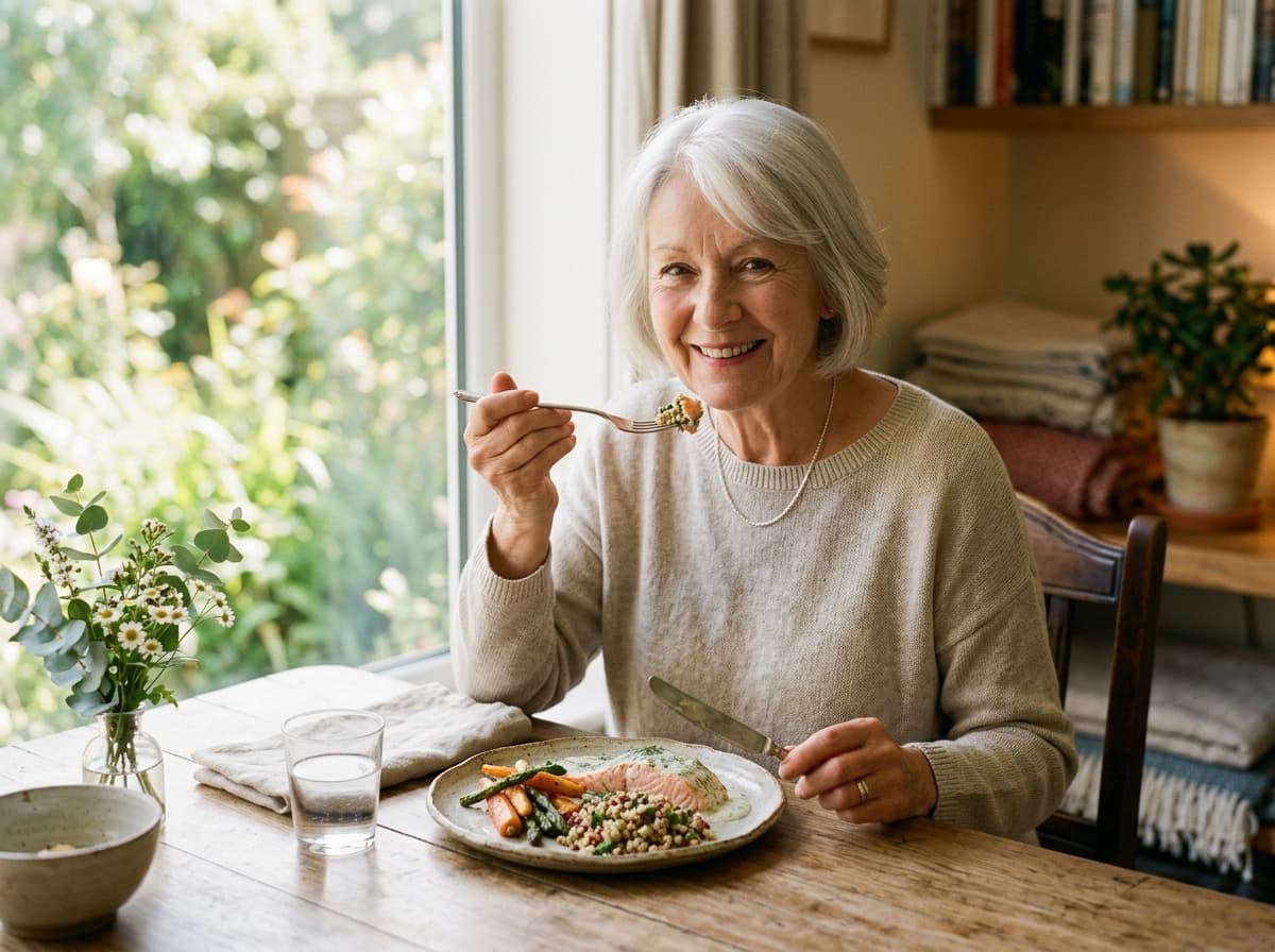 Senior woman enjoying dignified meal at sunlit dining table