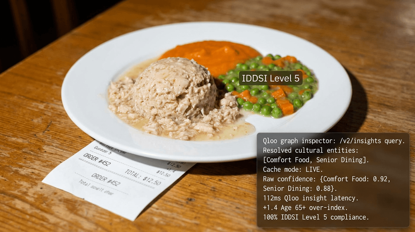 Soft beige minced food with gravy, peas, carrots, and orange purée on a plate labeled IDDSI Level 5